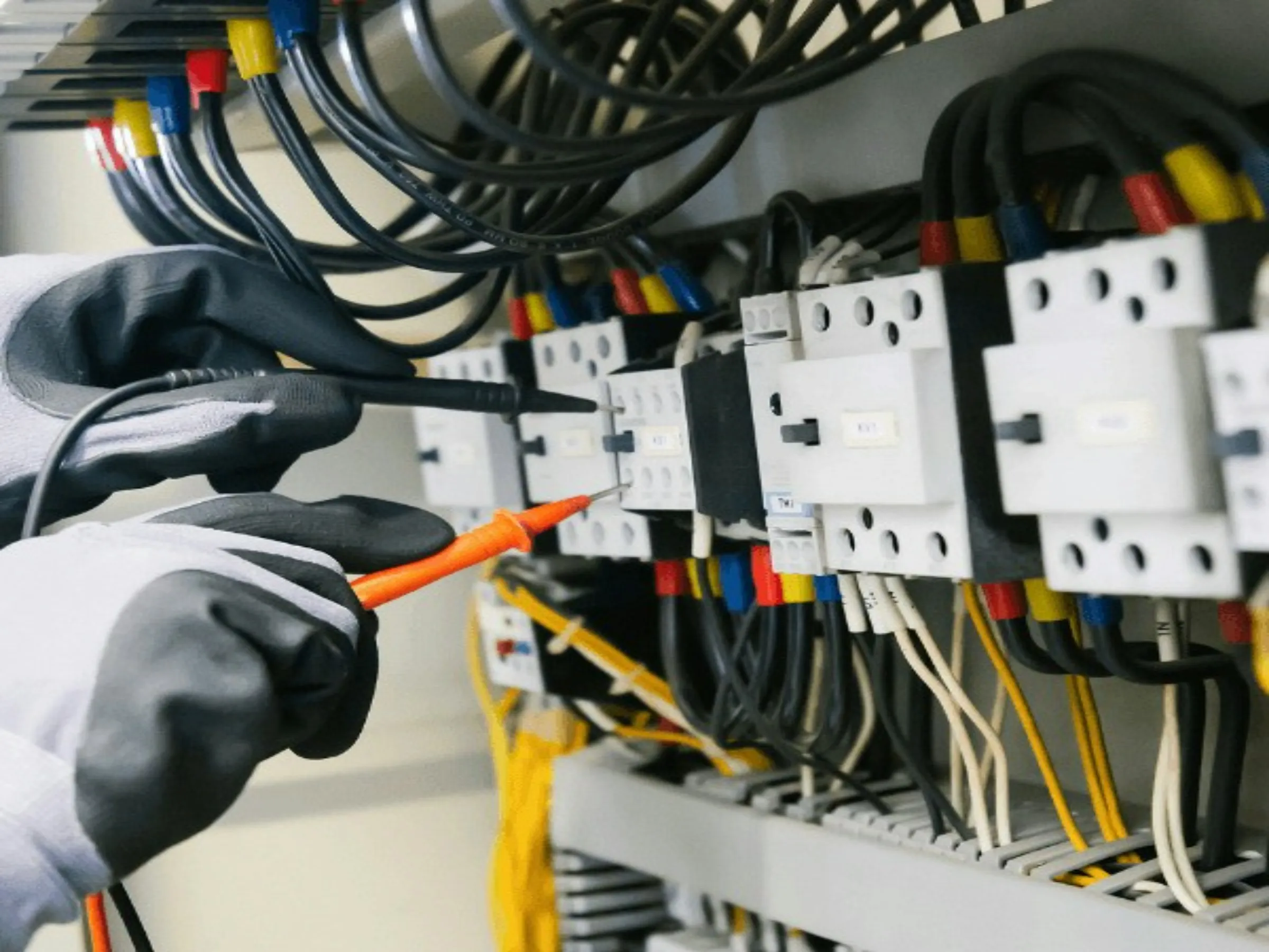 An electrician testing a switchboard with a multimeter.